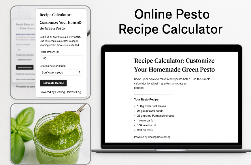 Pesto recipe calculator for raw food and homemade basil pesto, perfect for accurate ingredient measurement, basil calculation tool, raw vegan pesto tool, easy pesto recipe calculator, Etsy pesto tool.