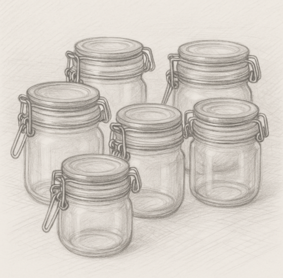 Set of six 8oz airtight glass jars ideal for storing detox tea herbs, dried sage, lemon balm, and peppermint