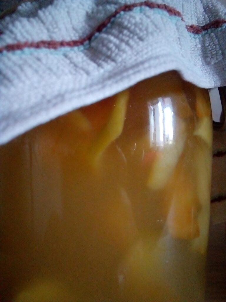 Homemade apple cider vinegar bottle styled with apples and herbs for slow living