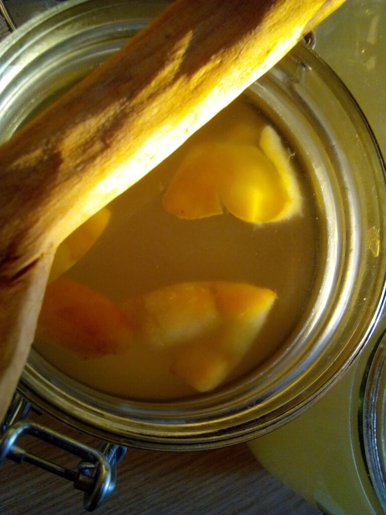 Natural vinegar mother forming on top of fermenting apple cider vinegar