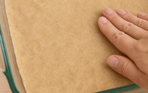 Hand pressing homemade spelt shortcrust dough into a rectangular glass baking dish, showing the natural beige color of wholegrain crust.