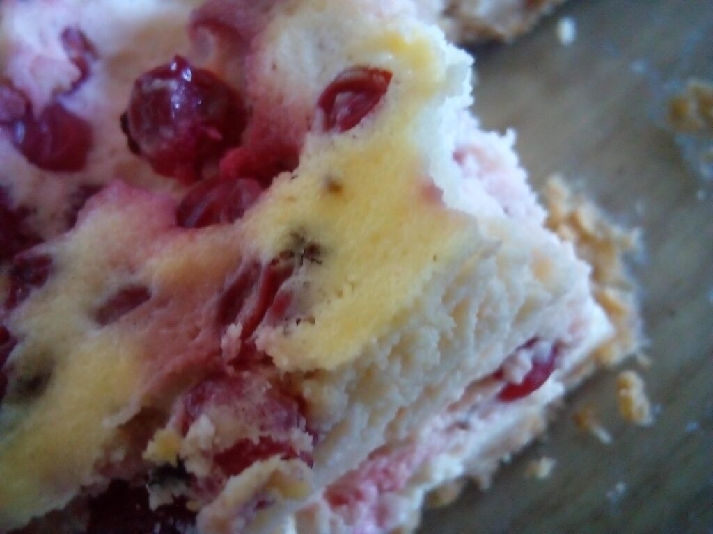 Freshly baked red currant cheesecake cooling on table.