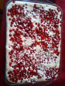 Layering red currants into cheesecake mixture.