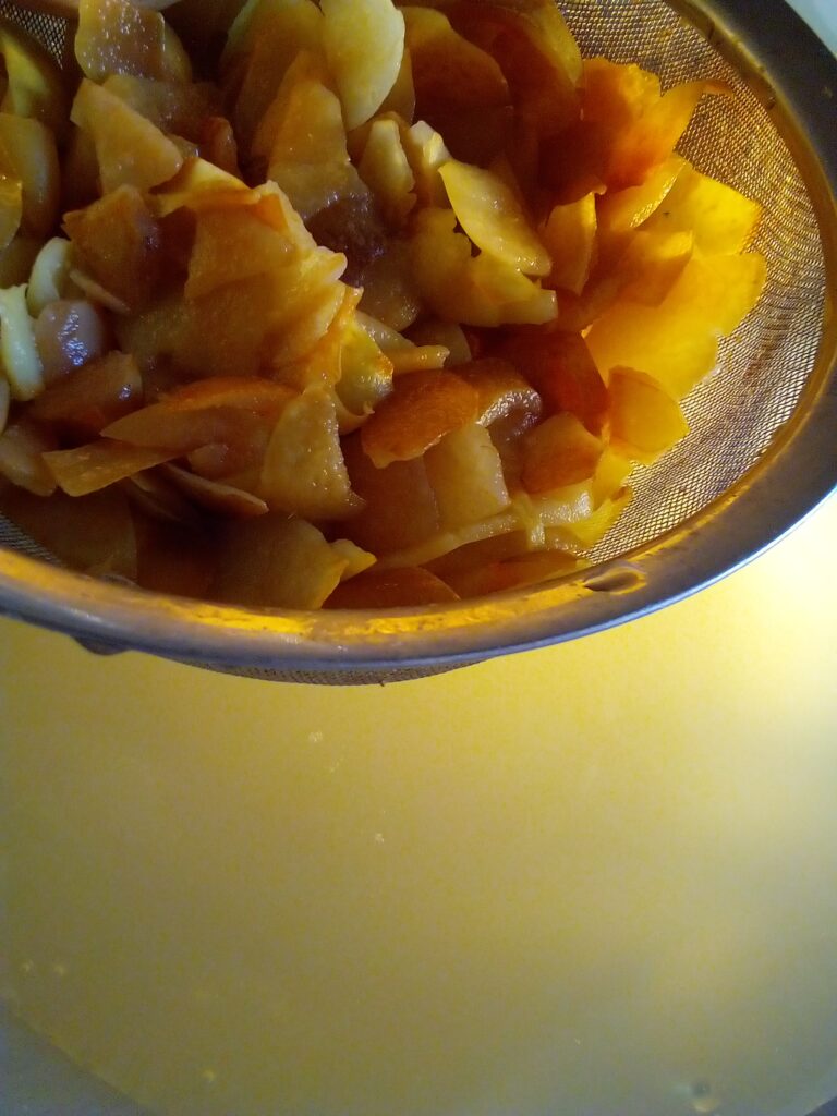 Jar with apple pieces covered by cloth and rubber bands for vinegar making
