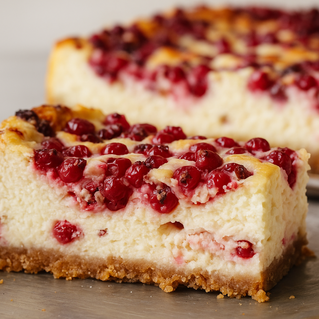Close-up of an easy red currant cheesecake with golden crust and creamy filling, topped with fresh currants – a homestead garden harvest dessert.