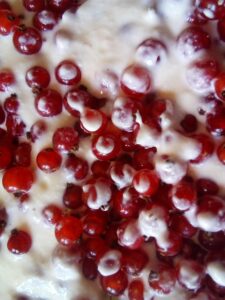 Cheesecake beside a basket of garden red currants.