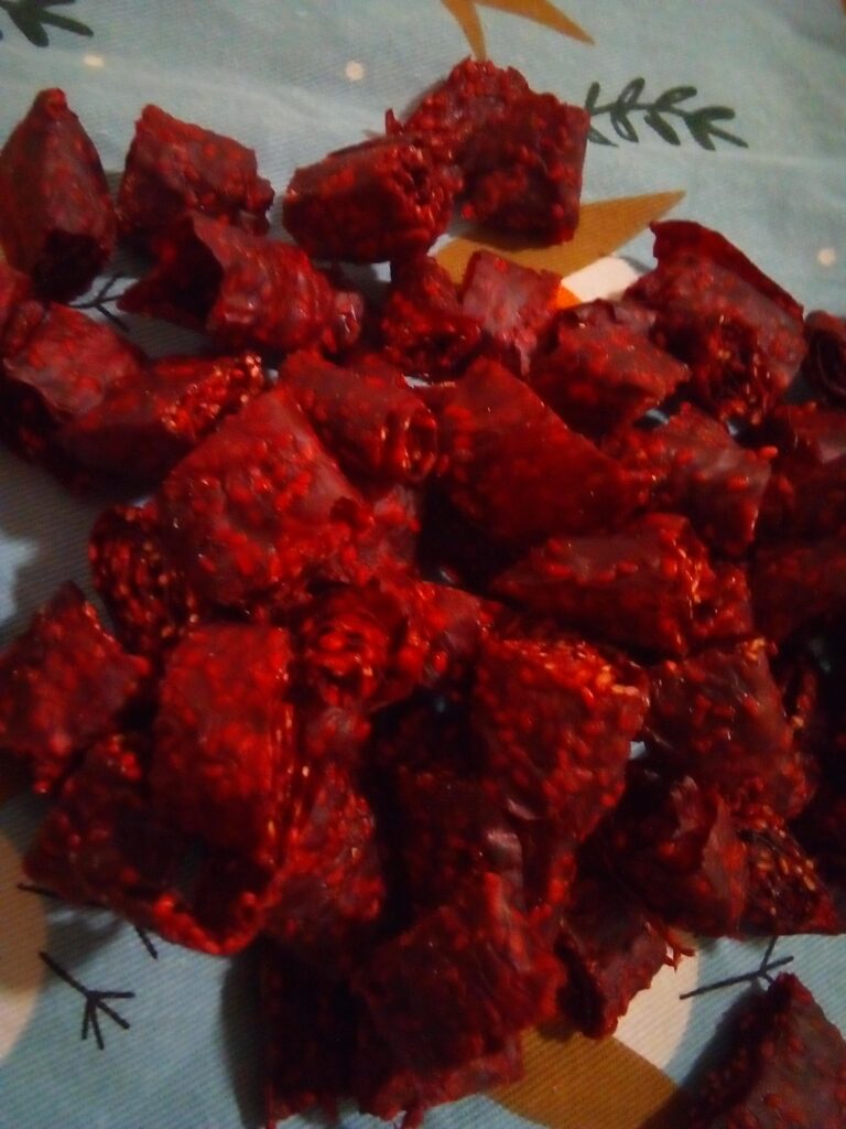 Rolled frozen fruit leather stored in airtight jars.