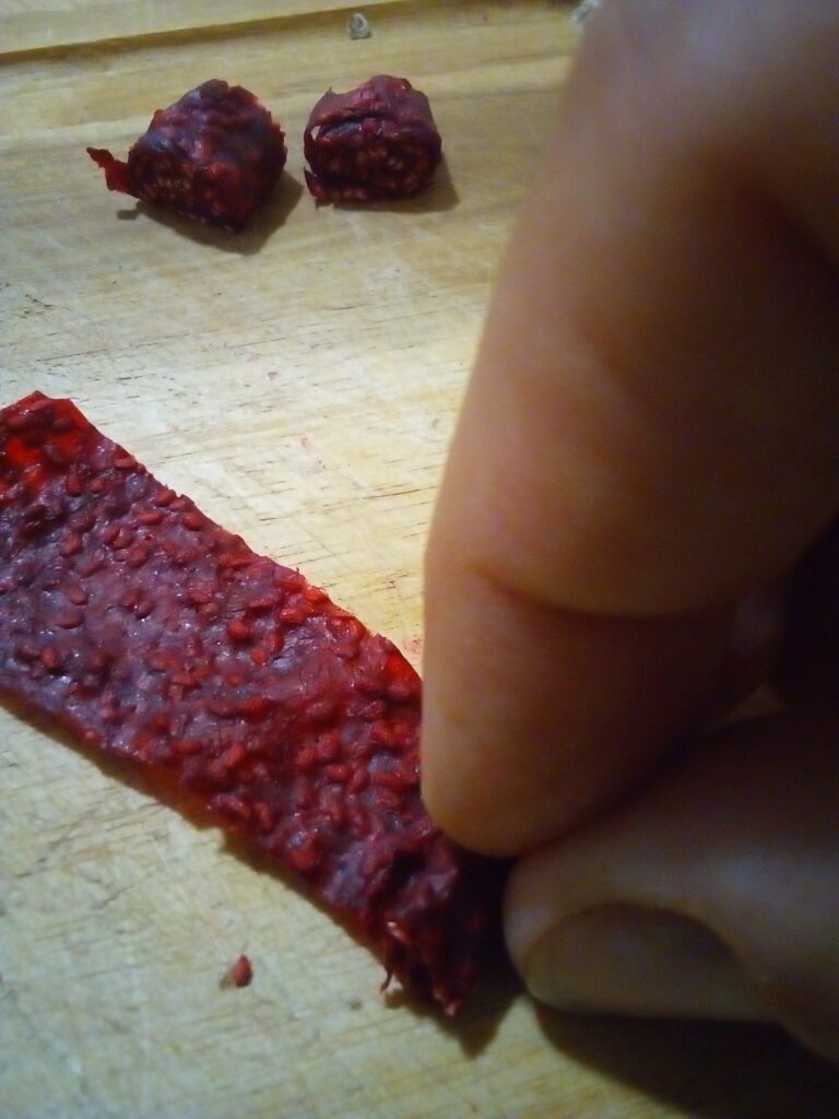 Strawberry fruit leather made from thawed frozen strawberries.