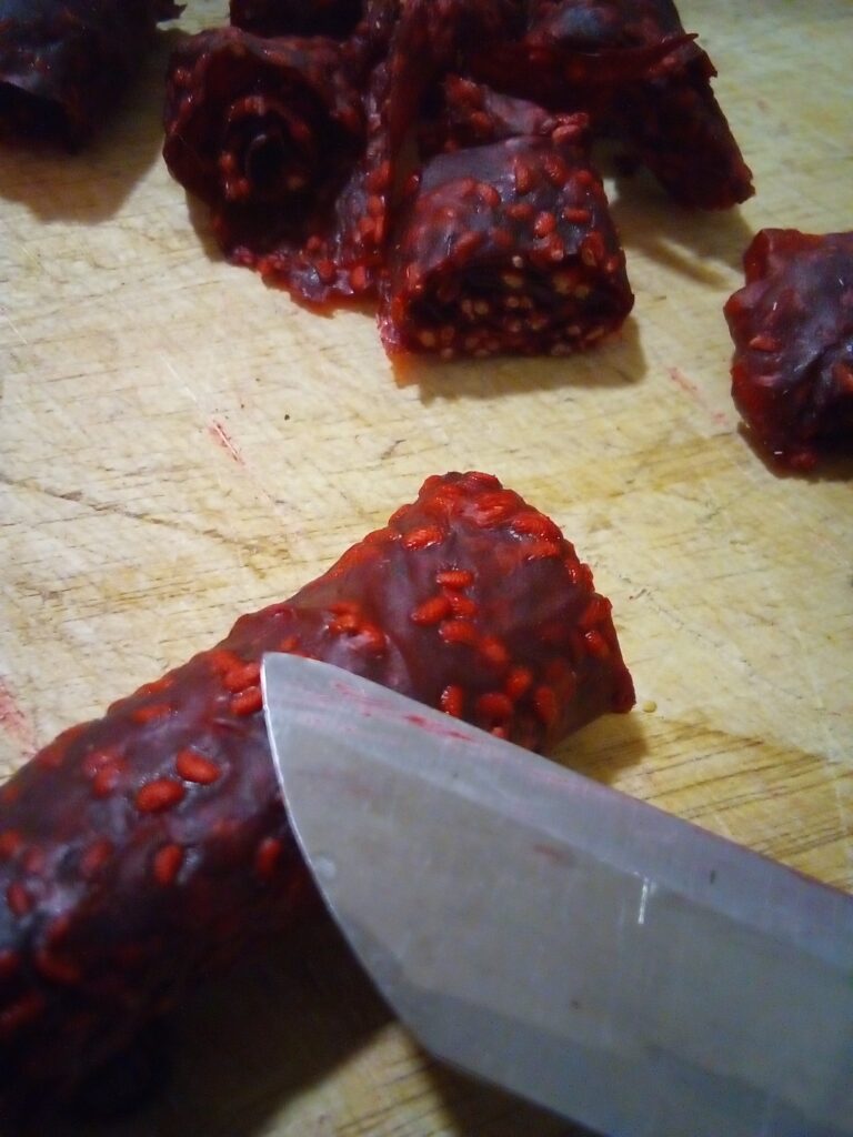 Smooth apple pear fruit leather prepared with frozen fruit.