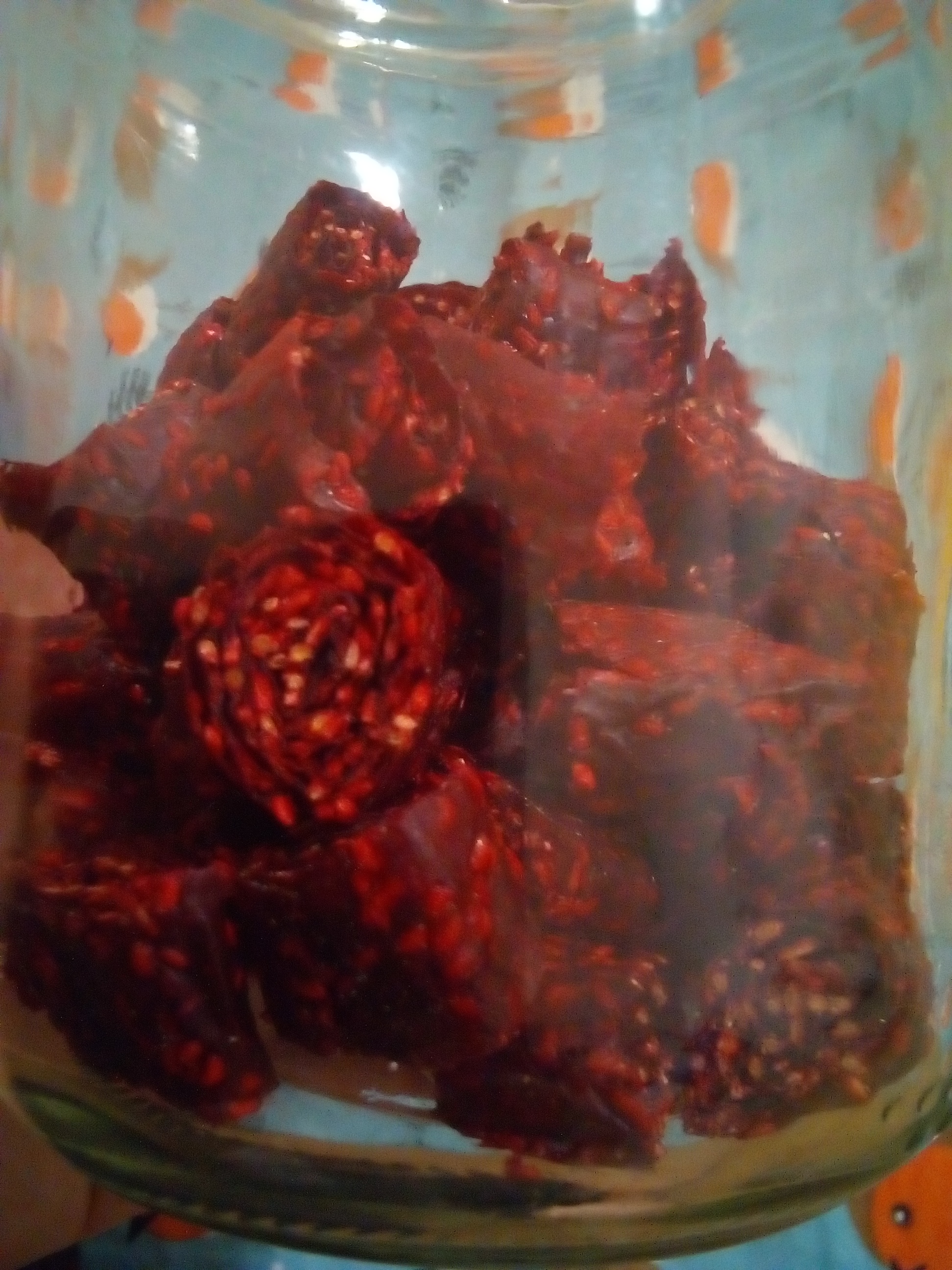 Homemade fruit leather in dehydrator made from thawed frozen fruit.