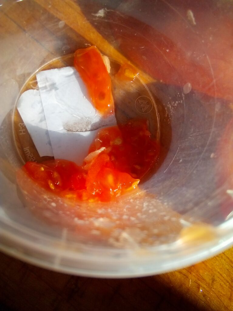 Tomato seeds bubbling in jar during fermentation