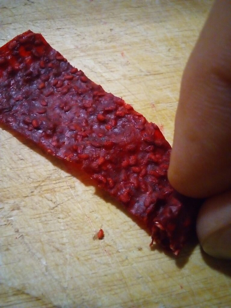 Dehydrator trays filled with puree from frozen mixed berries.