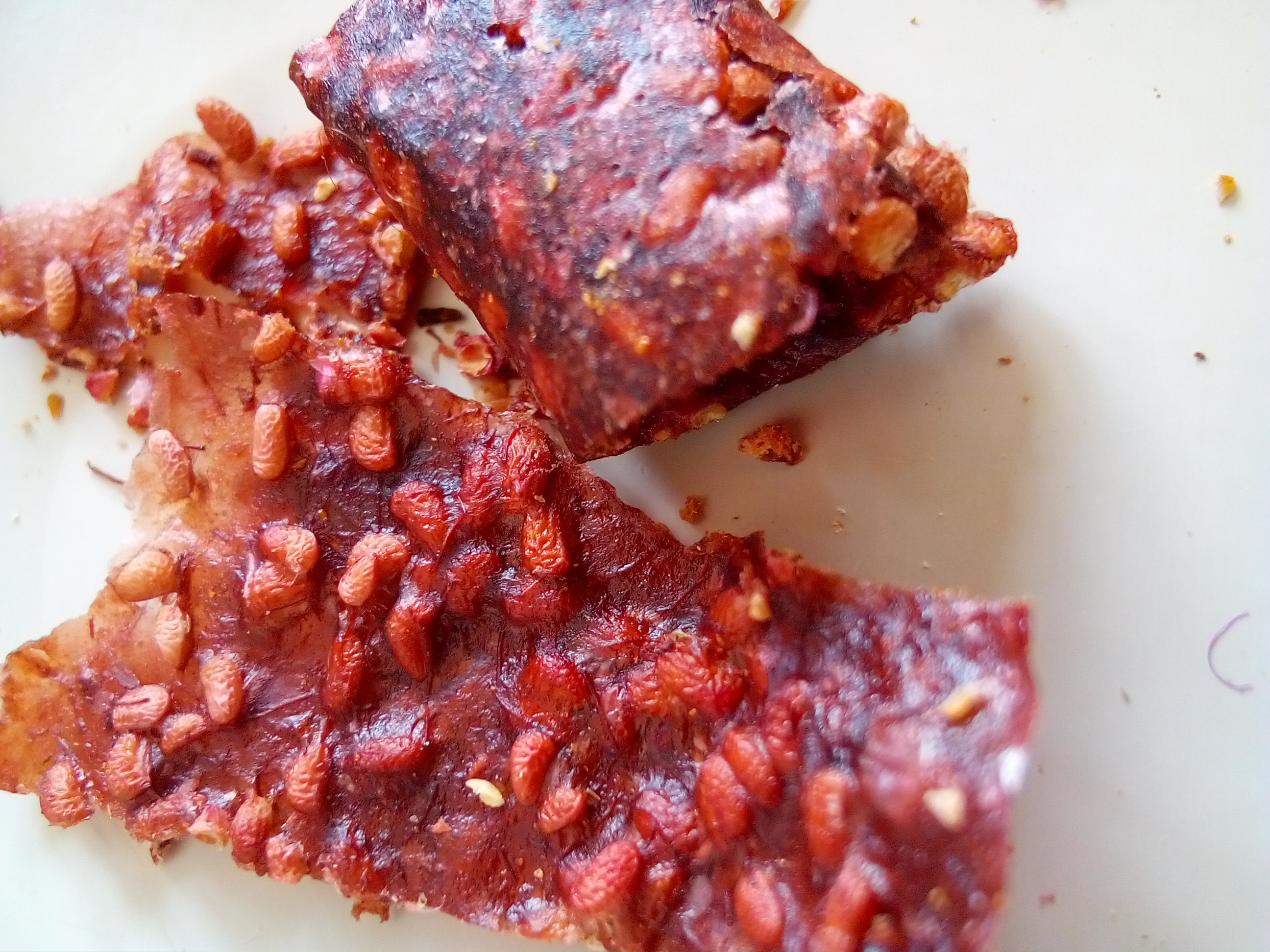 Close-up of raspberry fruit leather surface showing natural seeds and texture after 12 months storage.