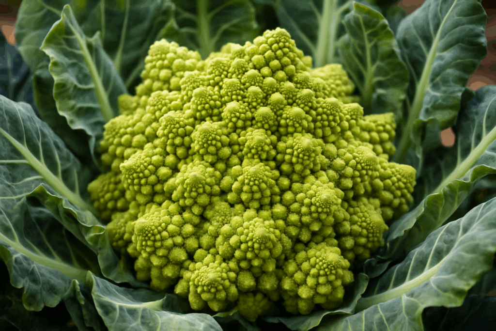 Garden-grown Romanesco broccoli with strong head formation in raised bed for how to grow Romanesco broccoli