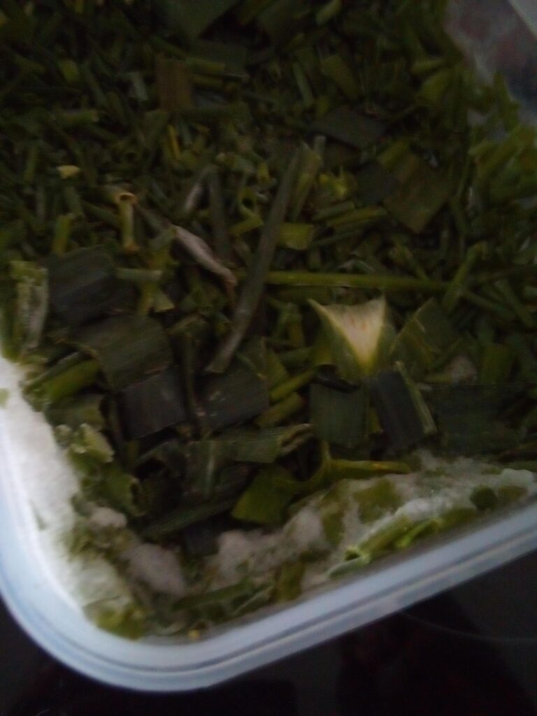 Frozen leeks added to gently simmering beef broth as part of a slow cooked soup using fresh or frozen garden produce.