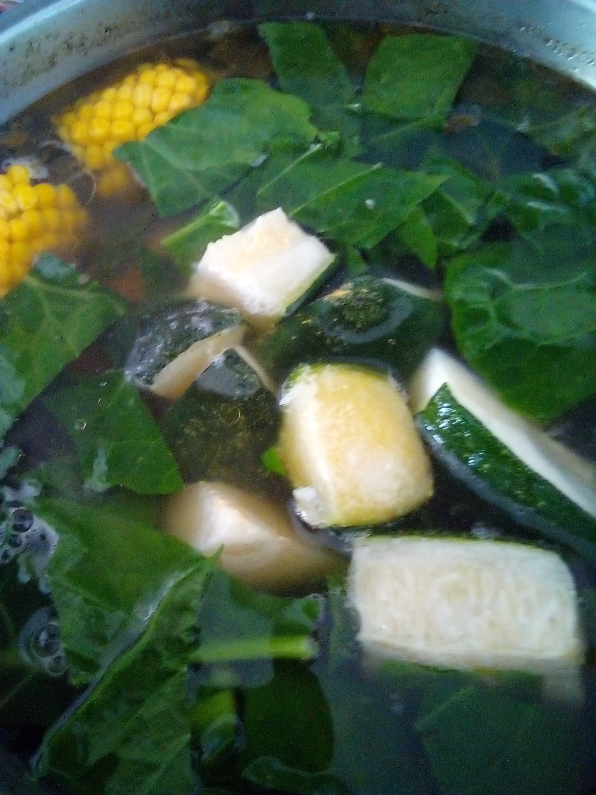 Beef bone soup with vegetables slowly simmering to extract collagen minerals and flavor for a rich but clear broth.