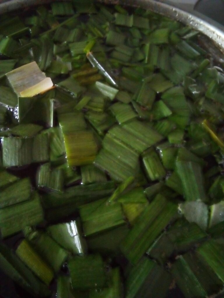 Using frozen leeks in homestead style soup made with bone broth showing practical garden to pot cooking with preserved vegetables.