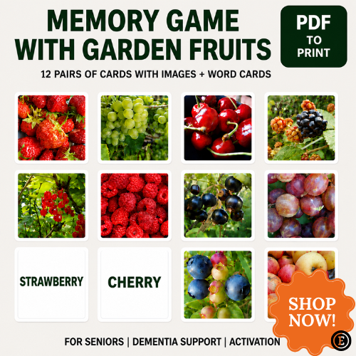 Printable garden fruit memory game with picture and word matching cards for seniors and dementia activities