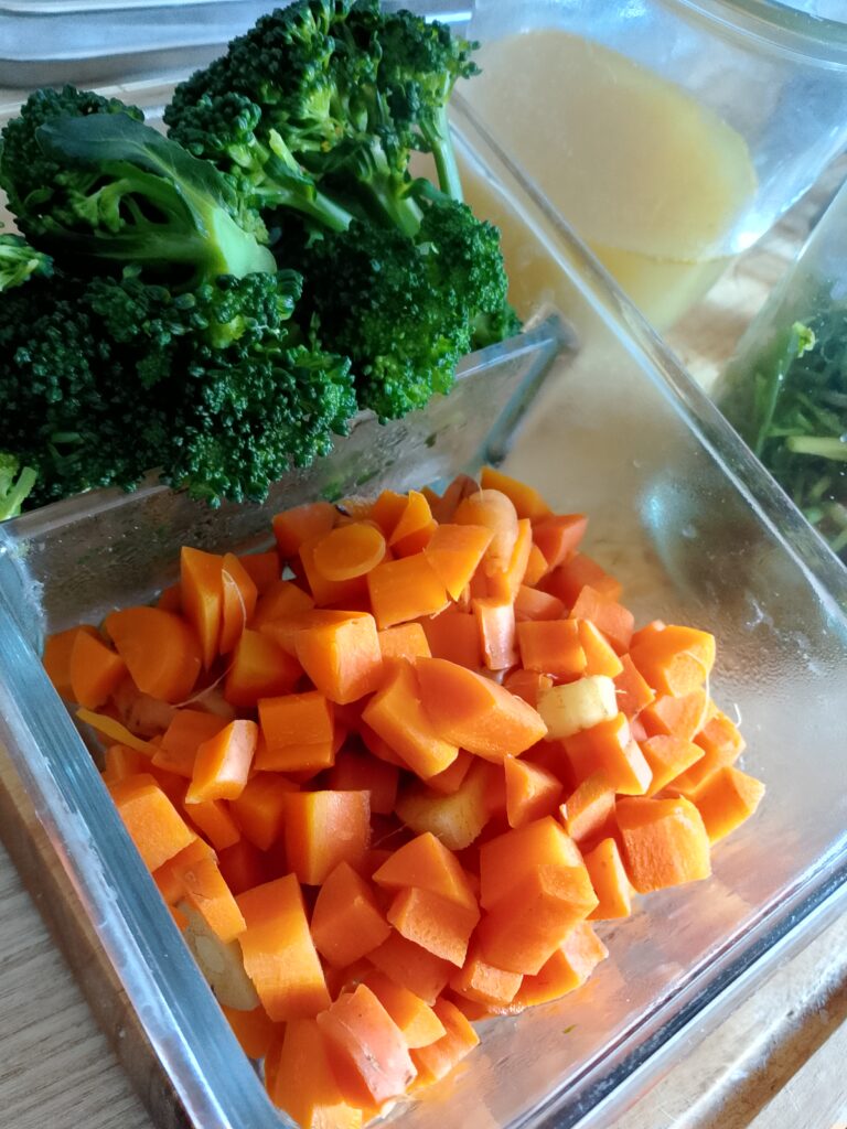 How to meal prep vegetables for the week: I cook the prepared vegetables briefly in chicken or beef broth instead of plain water for an easy way to add flavor.